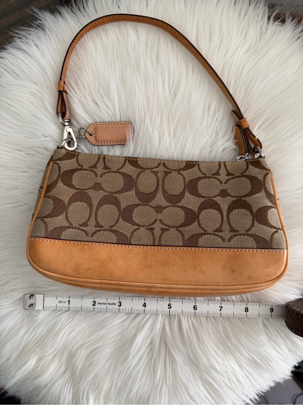 Coach Brown Signature Canvas Shoulder Bag with Tan Leather Trim